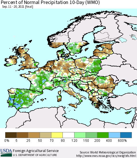 Europe Percent of Normal Precipitation 10-Day (WMO) Thematic Map For 9/11/2021 - 9/20/2021