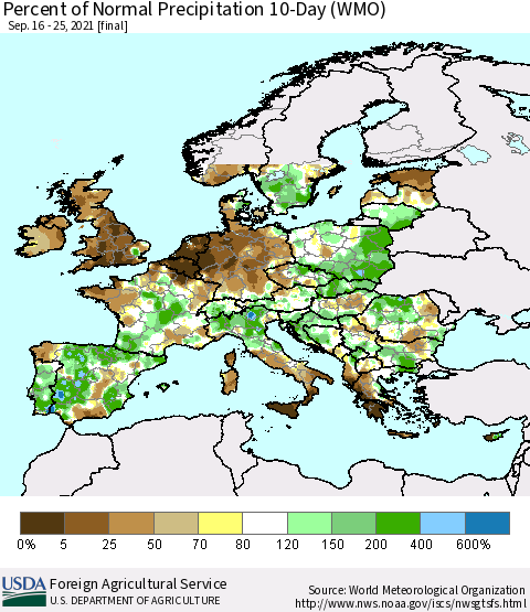 Europe Percent of Normal Precipitation 10-Day (WMO) Thematic Map For 9/16/2021 - 9/25/2021