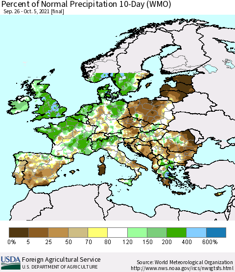 Europe Percent of Normal Precipitation 10-Day (WMO) Thematic Map For 9/26/2021 - 10/5/2021
