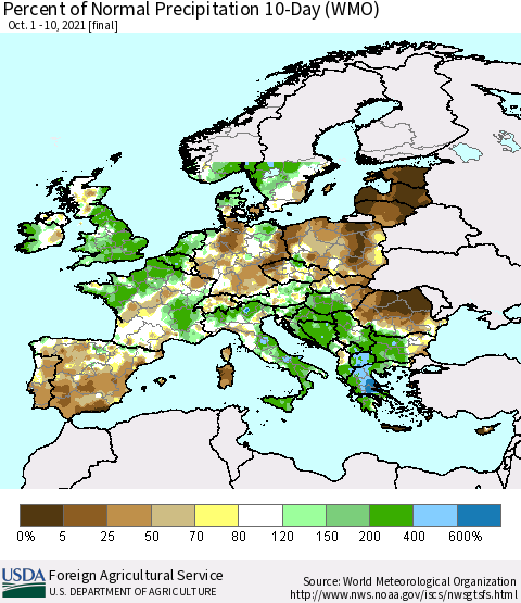 Europe Percent of Normal Precipitation 10-Day (WMO) Thematic Map For 10/1/2021 - 10/10/2021