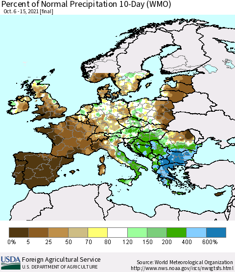 Europe Percent of Normal Precipitation 10-Day (WMO) Thematic Map For 10/6/2021 - 10/15/2021