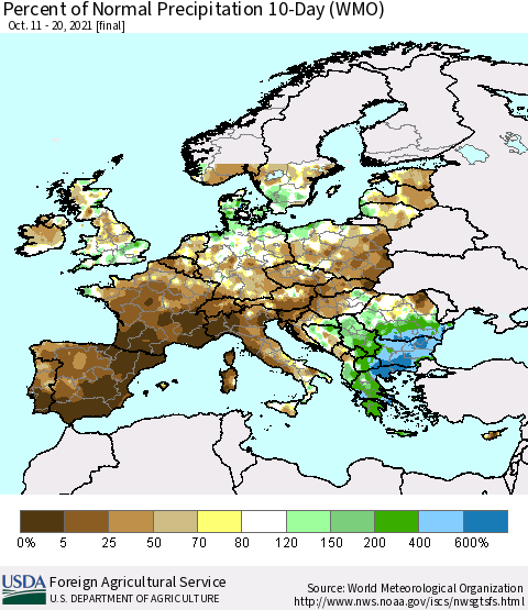 Europe Percent of Normal Precipitation 10-Day (WMO) Thematic Map For 10/11/2021 - 10/20/2021