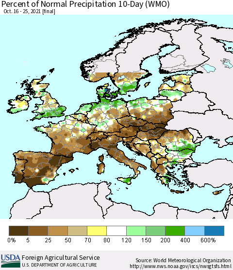 Europe Percent of Normal Precipitation 10-Day (WMO) Thematic Map For 10/16/2021 - 10/25/2021