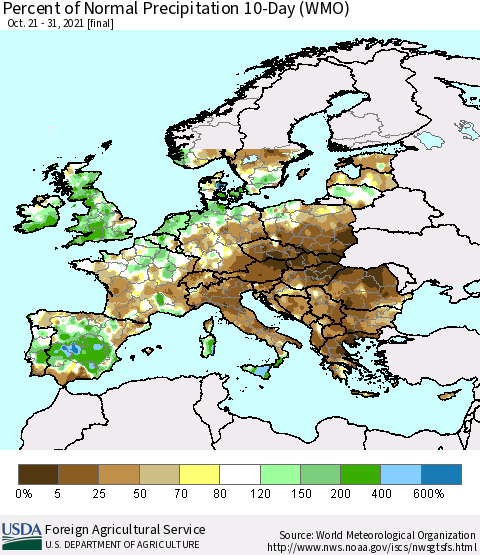 Europe Percent of Normal Precipitation 10-Day (WMO) Thematic Map For 10/21/2021 - 10/31/2021