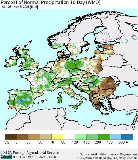 Europe Percent of Normal Precipitation 10-Day (WMO) Thematic Map For 10/26/2021 - 11/5/2021