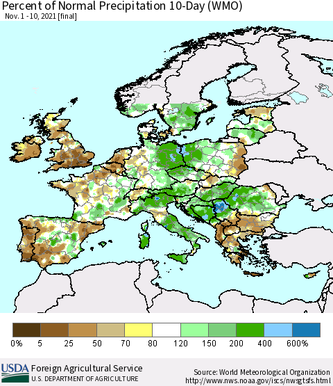 Europe Percent of Normal Precipitation 10-Day (WMO) Thematic Map For 11/1/2021 - 11/10/2021