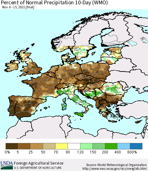 Europe Percent of Normal Precipitation 10-Day (WMO) Thematic Map For 11/6/2021 - 11/15/2021