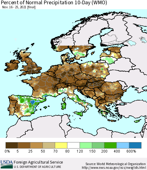 Europe Percent of Normal Precipitation 10-Day (WMO) Thematic Map For 11/16/2021 - 11/25/2021