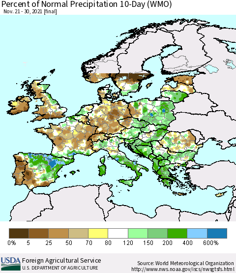 Europe Percent of Normal Precipitation 10-Day (WMO) Thematic Map For 11/21/2021 - 11/30/2021