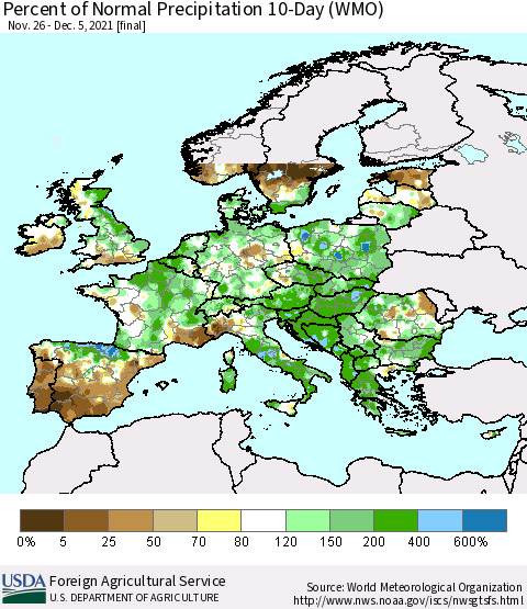 Europe Percent of Normal Precipitation 10-Day (WMO) Thematic Map For 11/26/2021 - 12/5/2021