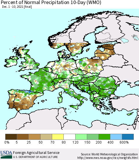 Europe Percent of Normal Precipitation 10-Day (WMO) Thematic Map For 12/1/2021 - 12/10/2021