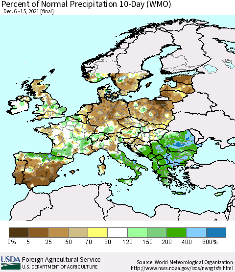 Europe Percent of Normal Precipitation 10-Day (WMO) Thematic Map For 12/6/2021 - 12/15/2021