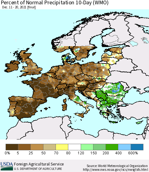 Europe Percent of Normal Precipitation 10-Day (WMO) Thematic Map For 12/11/2021 - 12/20/2021