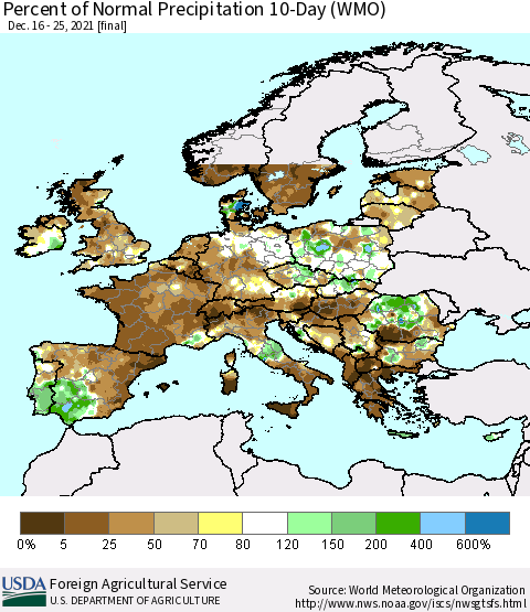 Europe Percent of Normal Precipitation 10-Day (WMO) Thematic Map For 12/16/2021 - 12/25/2021