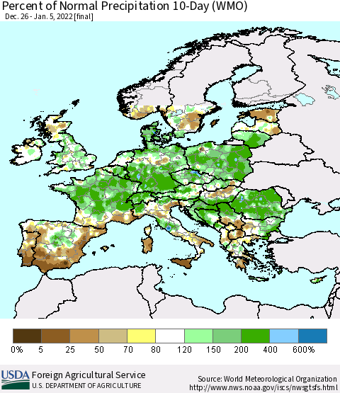 Europe Percent of Normal Precipitation 10-Day (WMO) Thematic Map For 12/26/2021 - 1/5/2022