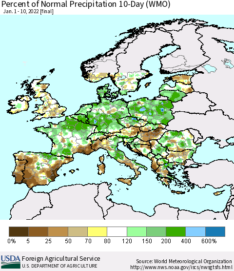 Europe Percent of Normal Precipitation 10-Day (WMO) Thematic Map For 1/1/2022 - 1/10/2022