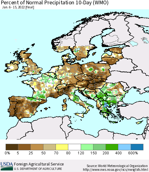Europe Percent of Normal Precipitation 10-Day (WMO) Thematic Map For 1/6/2022 - 1/15/2022