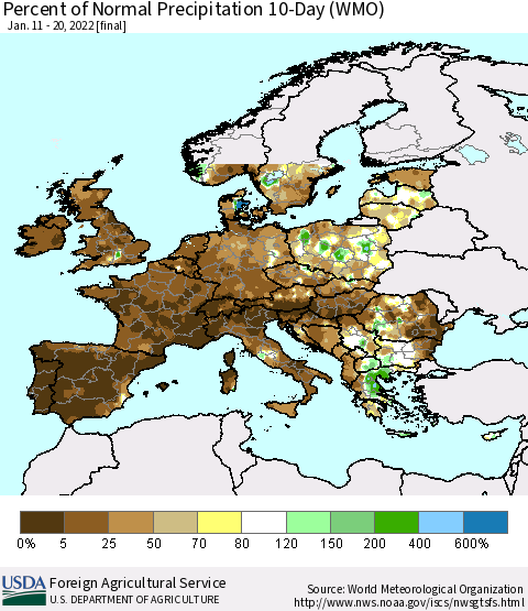 Europe Percent of Normal Precipitation 10-Day (WMO) Thematic Map For 1/11/2022 - 1/20/2022