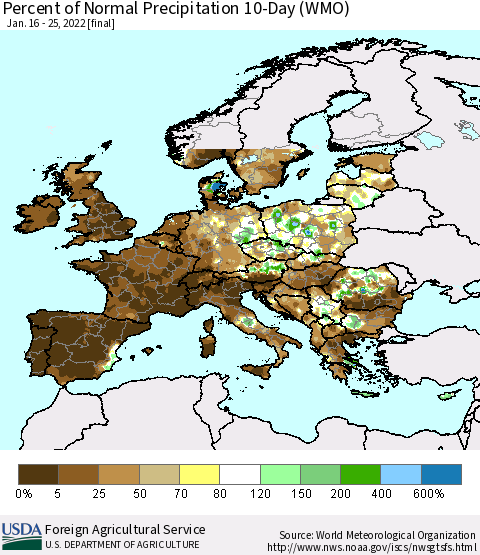 Europe Percent of Normal Precipitation 10-Day (WMO) Thematic Map For 1/16/2022 - 1/25/2022
