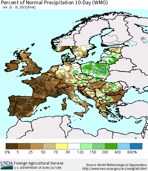 Europe Percent of Normal Precipitation 10-Day (WMO) Thematic Map For 1/21/2022 - 1/31/2022
