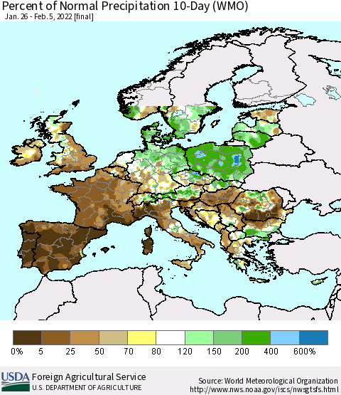 Europe Percent of Normal Precipitation 10-Day (WMO) Thematic Map For 1/26/2022 - 2/5/2022