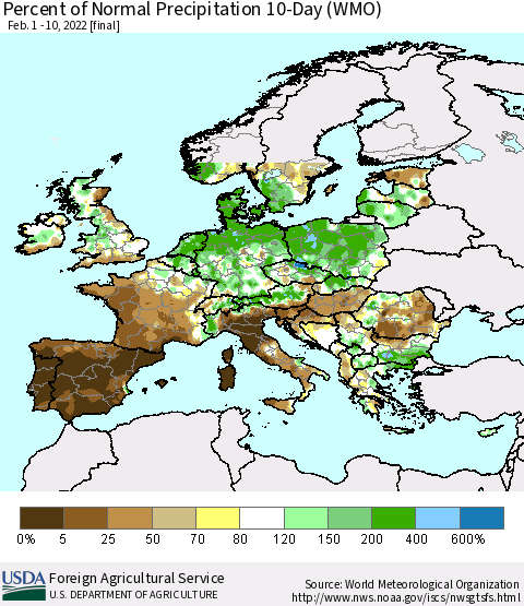 Europe Percent of Normal Precipitation 10-Day (WMO) Thematic Map For 2/1/2022 - 2/10/2022