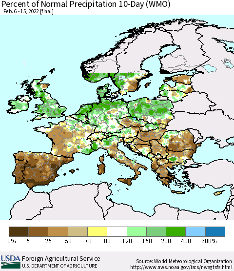 Europe Percent of Normal Precipitation 10-Day (WMO) Thematic Map For 2/6/2022 - 2/15/2022