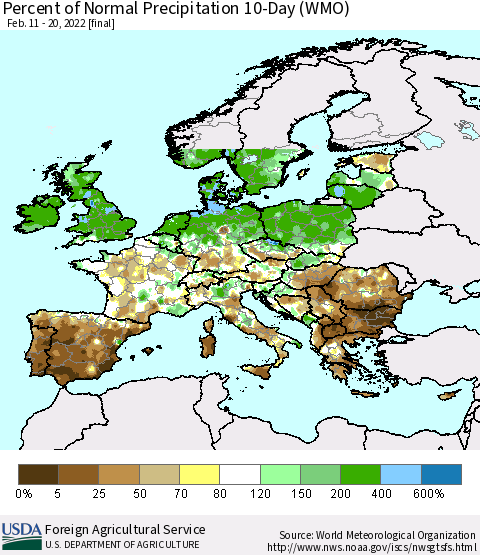 Europe Percent of Normal Precipitation 10-Day (WMO) Thematic Map For 2/11/2022 - 2/20/2022