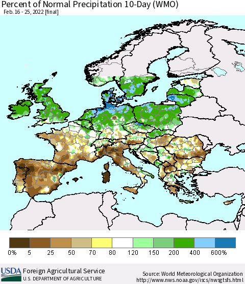 Europe Percent of Normal Precipitation 10-Day (WMO) Thematic Map For 2/16/2022 - 2/25/2022