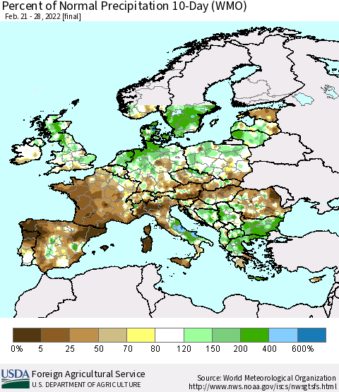 Europe Percent of Normal Precipitation 10-Day (WMO) Thematic Map For 2/21/2022 - 2/28/2022