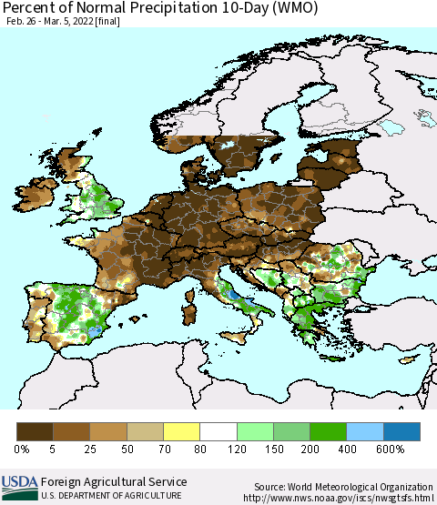 Europe Percent of Normal Precipitation 10-Day (WMO) Thematic Map For 2/26/2022 - 3/5/2022