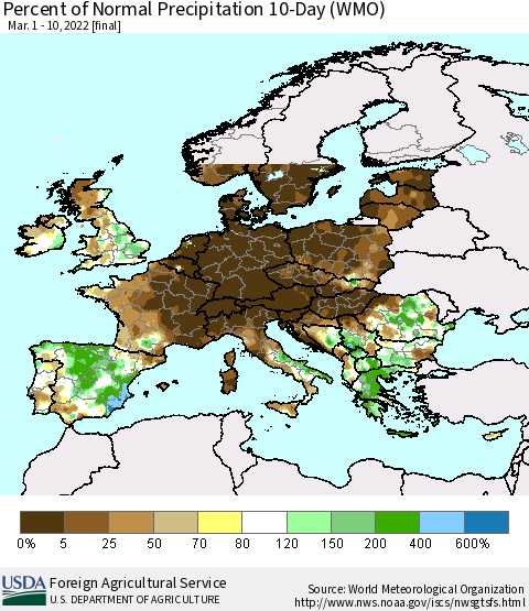 Europe Percent of Normal Precipitation 10-Day (WMO) Thematic Map For 3/1/2022 - 3/10/2022