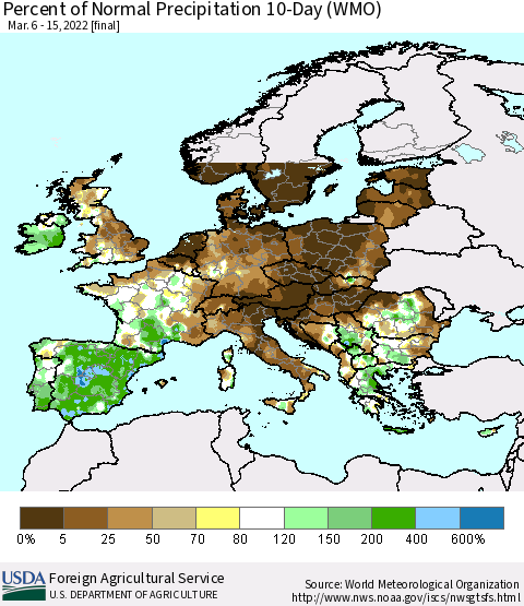 Europe Percent of Normal Precipitation 10-Day (WMO) Thematic Map For 3/6/2022 - 3/15/2022
