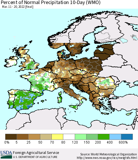 Europe Percent of Normal Precipitation 10-Day (WMO) Thematic Map For 3/11/2022 - 3/20/2022
