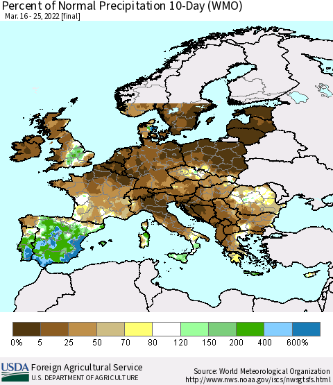 Europe Percent of Normal Precipitation 10-Day (WMO) Thematic Map For 3/16/2022 - 3/25/2022