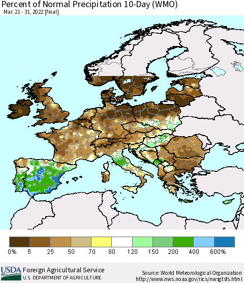 Europe Percent of Normal Precipitation 10-Day (WMO) Thematic Map For 3/21/2022 - 3/31/2022