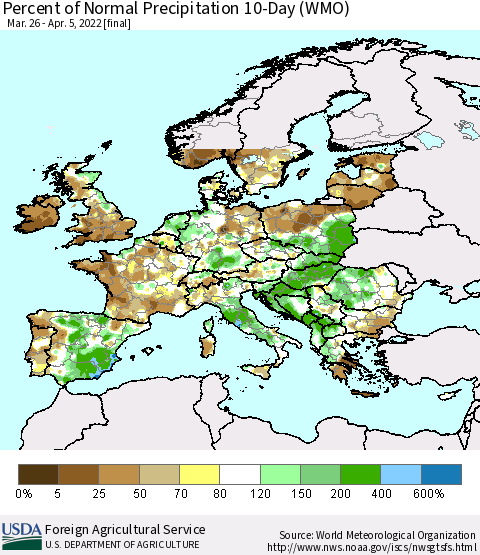 Europe Percent of Normal Precipitation 10-Day (WMO) Thematic Map For 3/26/2022 - 4/5/2022