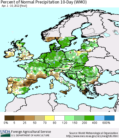 Europe Percent of Normal Precipitation 10-Day (WMO) Thematic Map For 4/1/2022 - 4/10/2022
