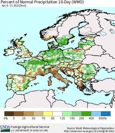 Europe Percent of Normal Precipitation 10-Day (WMO) Thematic Map For 4/6/2022 - 4/15/2022