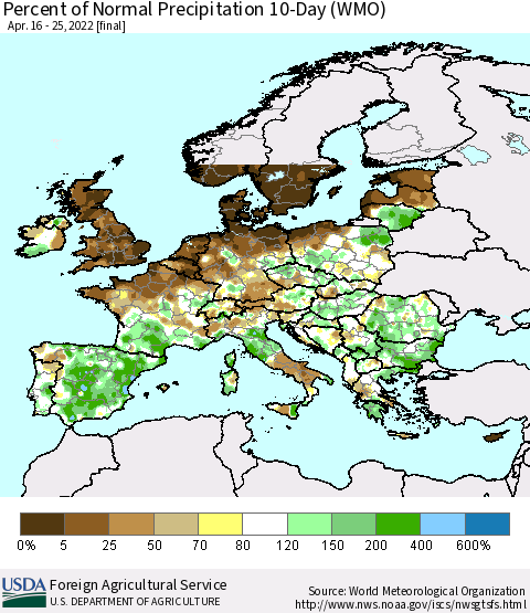 Europe Percent of Normal Precipitation 10-Day (WMO) Thematic Map For 4/16/2022 - 4/25/2022