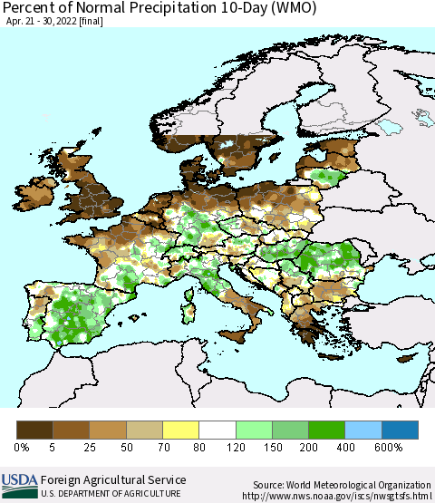 Europe Percent of Normal Precipitation 10-Day (WMO) Thematic Map For 4/21/2022 - 4/30/2022