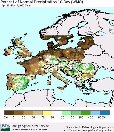 Europe Percent of Normal Precipitation 10-Day (WMO) Thematic Map For 4/26/2022 - 5/5/2022