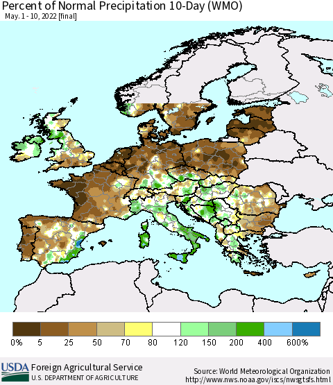 Europe Percent of Normal Precipitation 10-Day (WMO) Thematic Map For 5/1/2022 - 5/10/2022