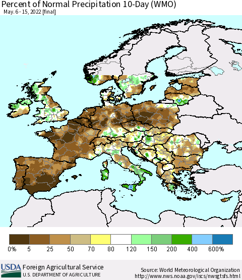 Europe Percent of Normal Precipitation 10-Day (WMO) Thematic Map For 5/6/2022 - 5/15/2022