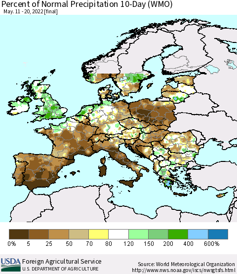 Europe Percent of Normal Precipitation 10-Day (WMO) Thematic Map For 5/11/2022 - 5/20/2022