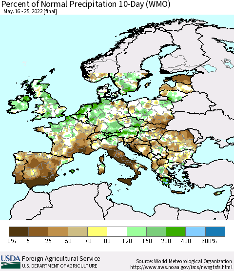 Europe Percent of Normal Precipitation 10-Day (WMO) Thematic Map For 5/16/2022 - 5/25/2022