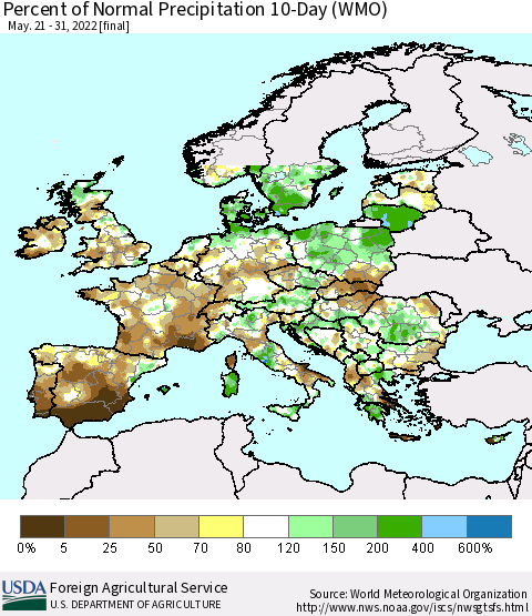 Europe Percent of Normal Precipitation 10-Day (WMO) Thematic Map For 5/21/2022 - 5/31/2022