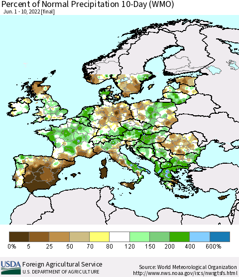 Europe Percent of Normal Precipitation 10-Day (WMO) Thematic Map For 6/1/2022 - 6/10/2022