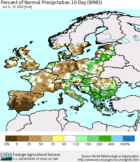 Europe Percent of Normal Precipitation 10-Day (WMO) Thematic Map For 6/6/2022 - 6/15/2022