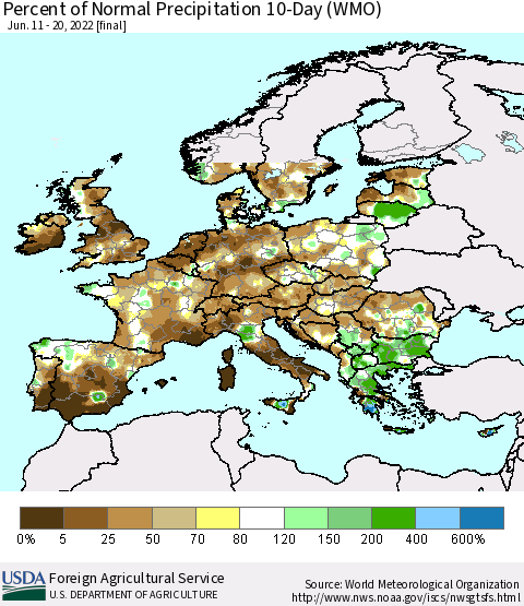 Europe Percent of Normal Precipitation 10-Day (WMO) Thematic Map For 6/11/2022 - 6/20/2022